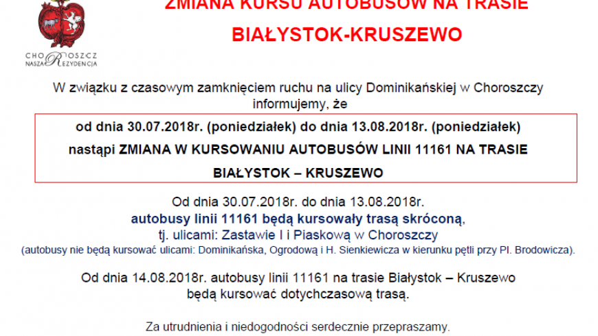 Zmiana w kursowaniu autobusów linii 11161 Białystok – Kruszewo